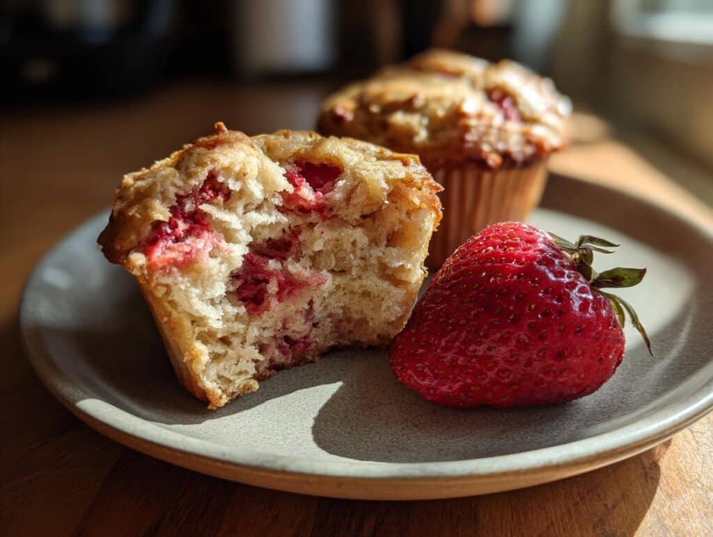 Two strawberry muffins on a plate, one cut in half to show the strawberry pieces inside, with a fresh strawberry.