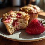 Two strawberry muffins on a plate, one cut in half to show the strawberry pieces inside, with a fresh strawberry.