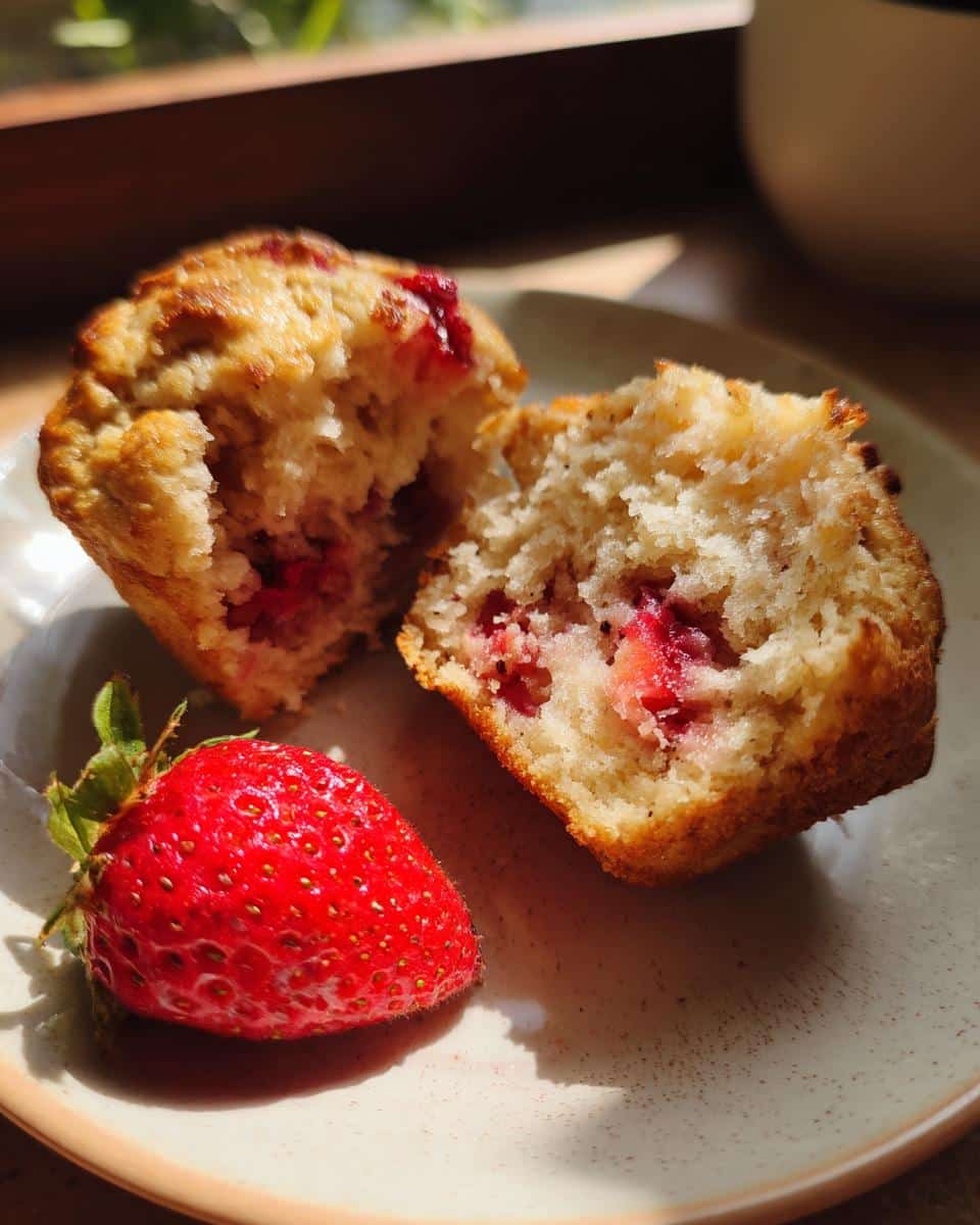 A halved strawberry muffin with a fresh strawberry on a plate, showcasing the strawberry muffins recipe.