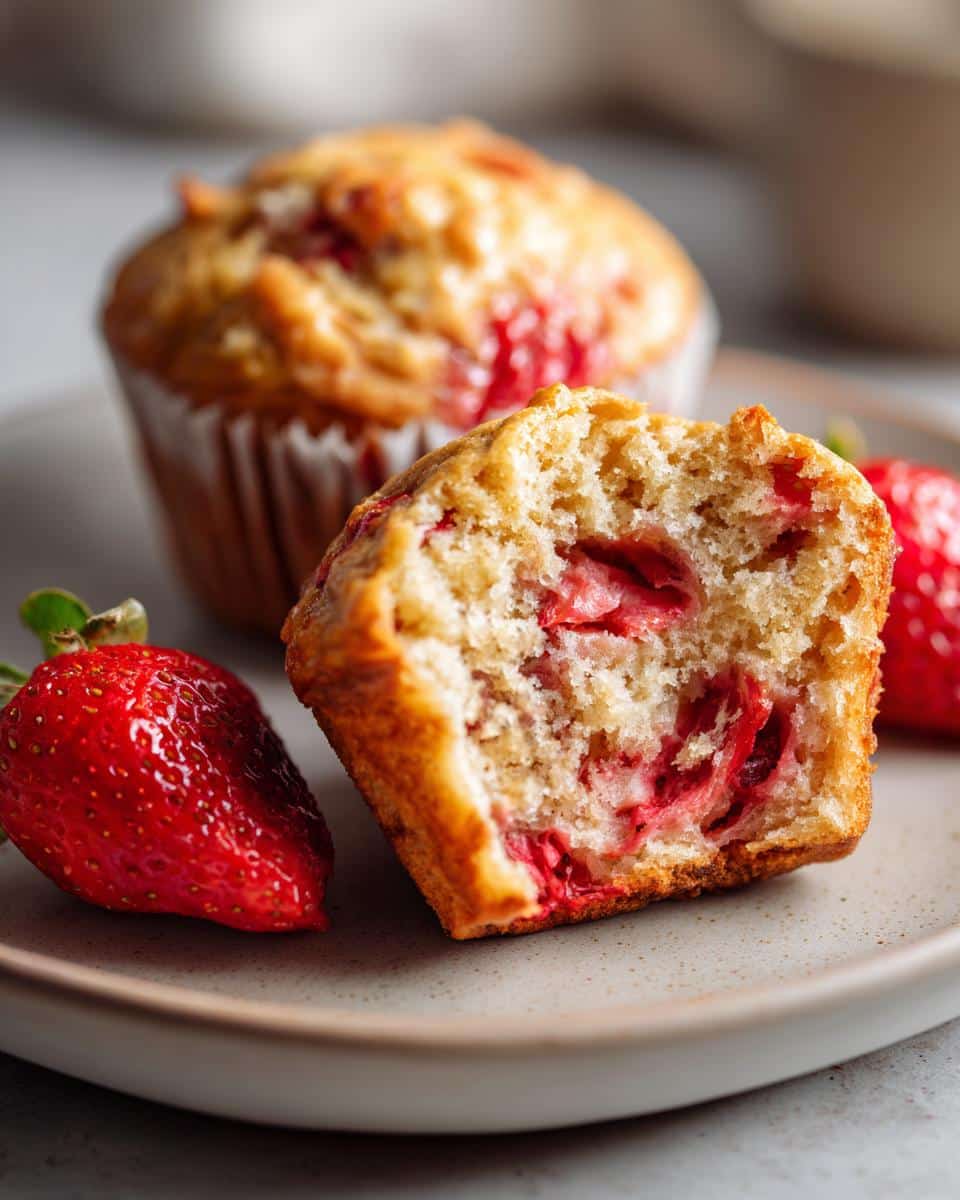 Close-up of a halved strawberry muffin showing the strawberry filling, with whole strawberries on a plate.