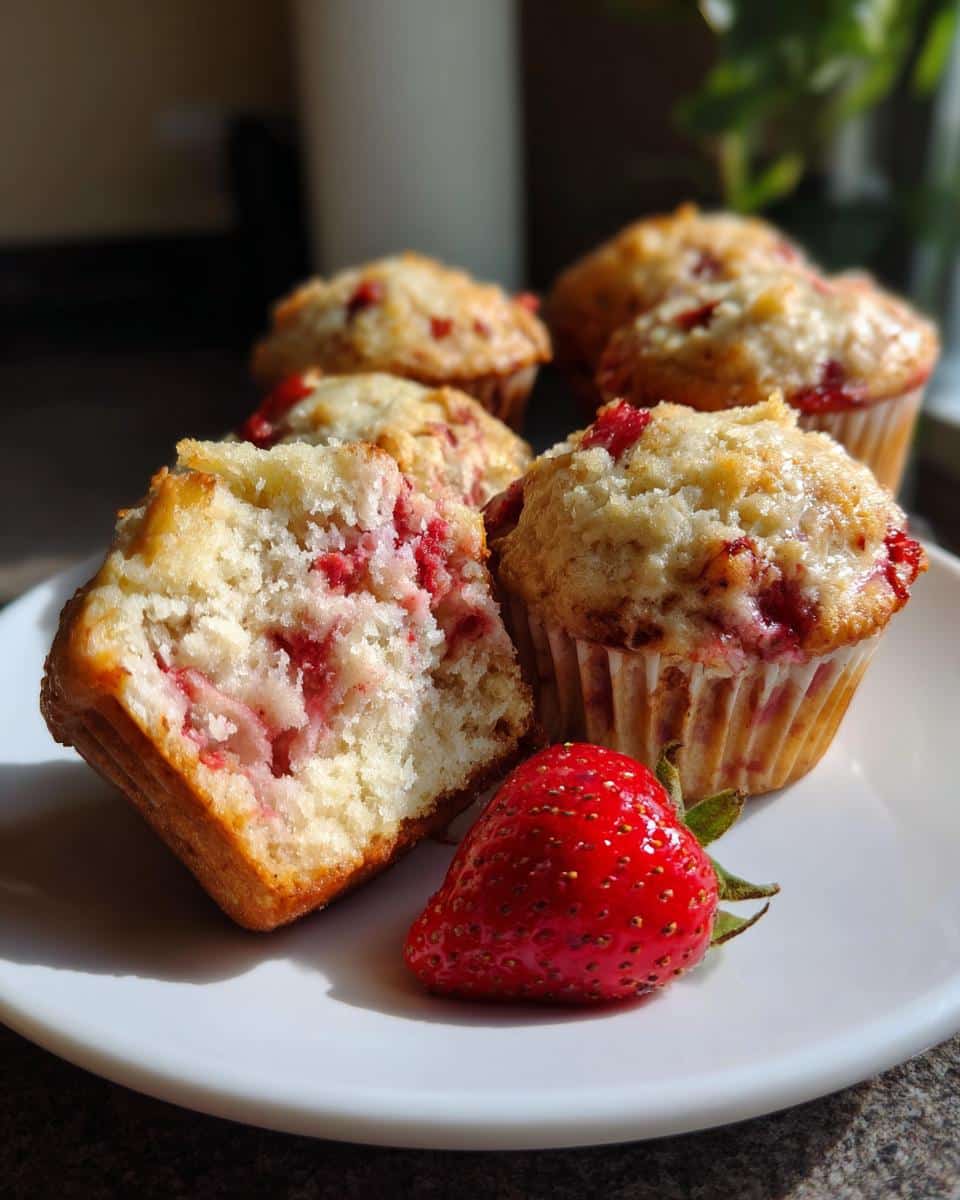 Freshly baked strawberry muffins on a white plate, one muffin is halved to show the inside.