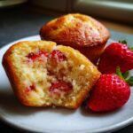 Two strawberry muffins on a plate, one split open to show the strawberries inside, next to fresh strawberries.