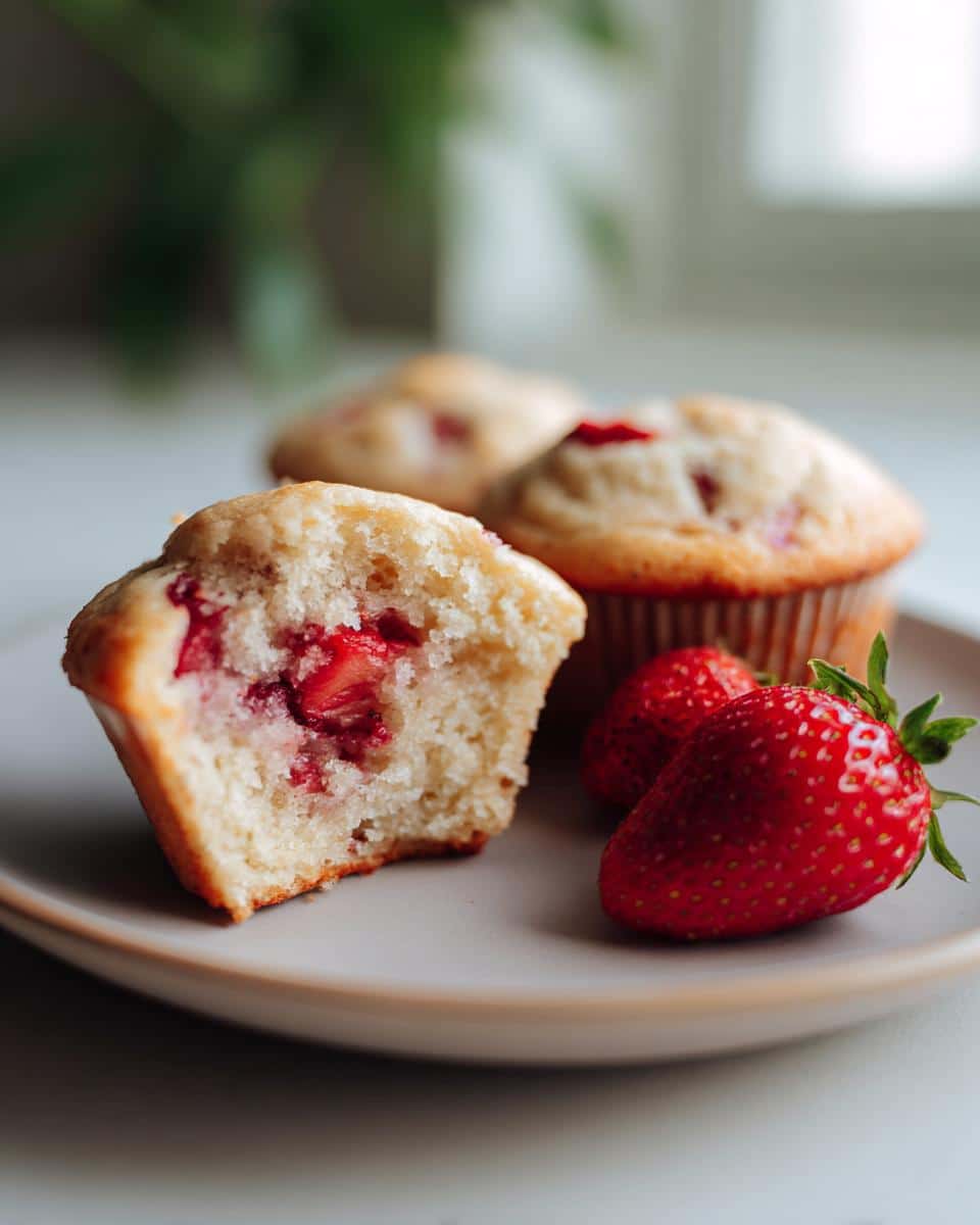 Close-up of strawberry muffins on a plate, one muffin cut open to show strawberries inside.