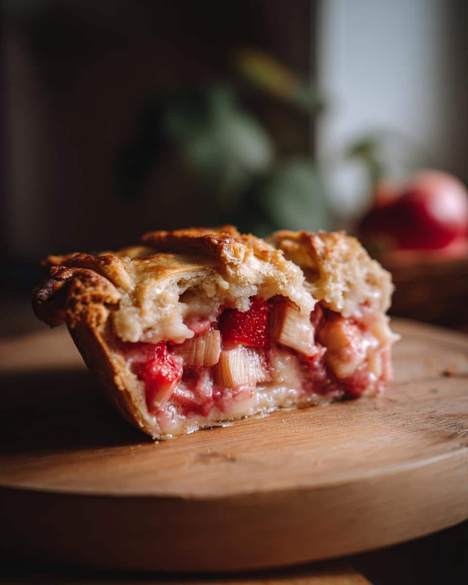 A delicious slice of strawberry and rhubarb pie with a flaky crust, showcasing the fruit filling.