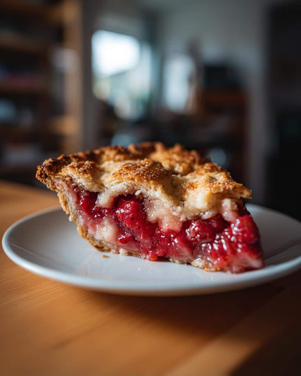 A delicious slice of strawberry and rhubarb pie with a flaky crust on a white plate.