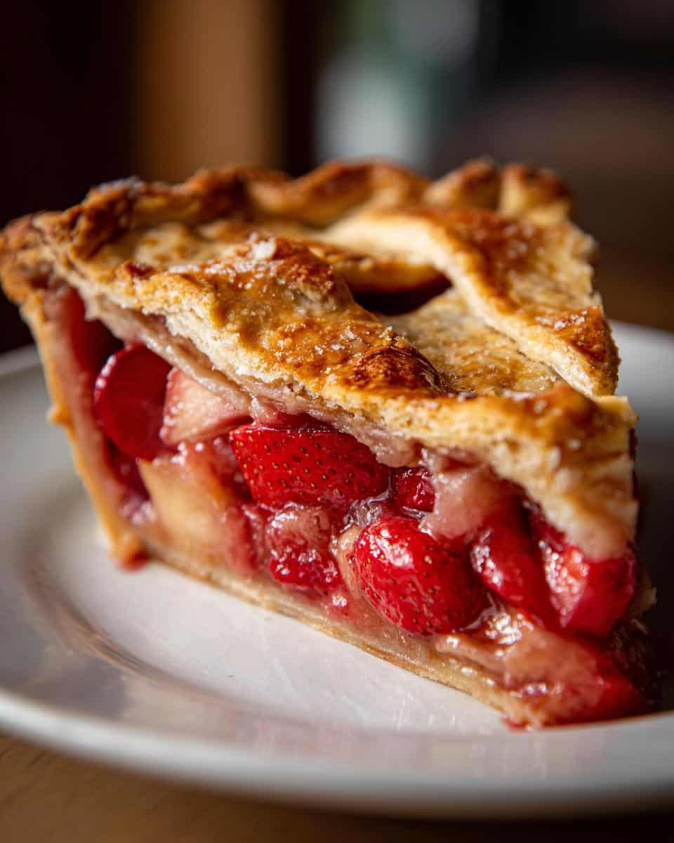 A delicious slice of strawberry and rhubarb pie with a golden crust, showcasing the juicy filling.