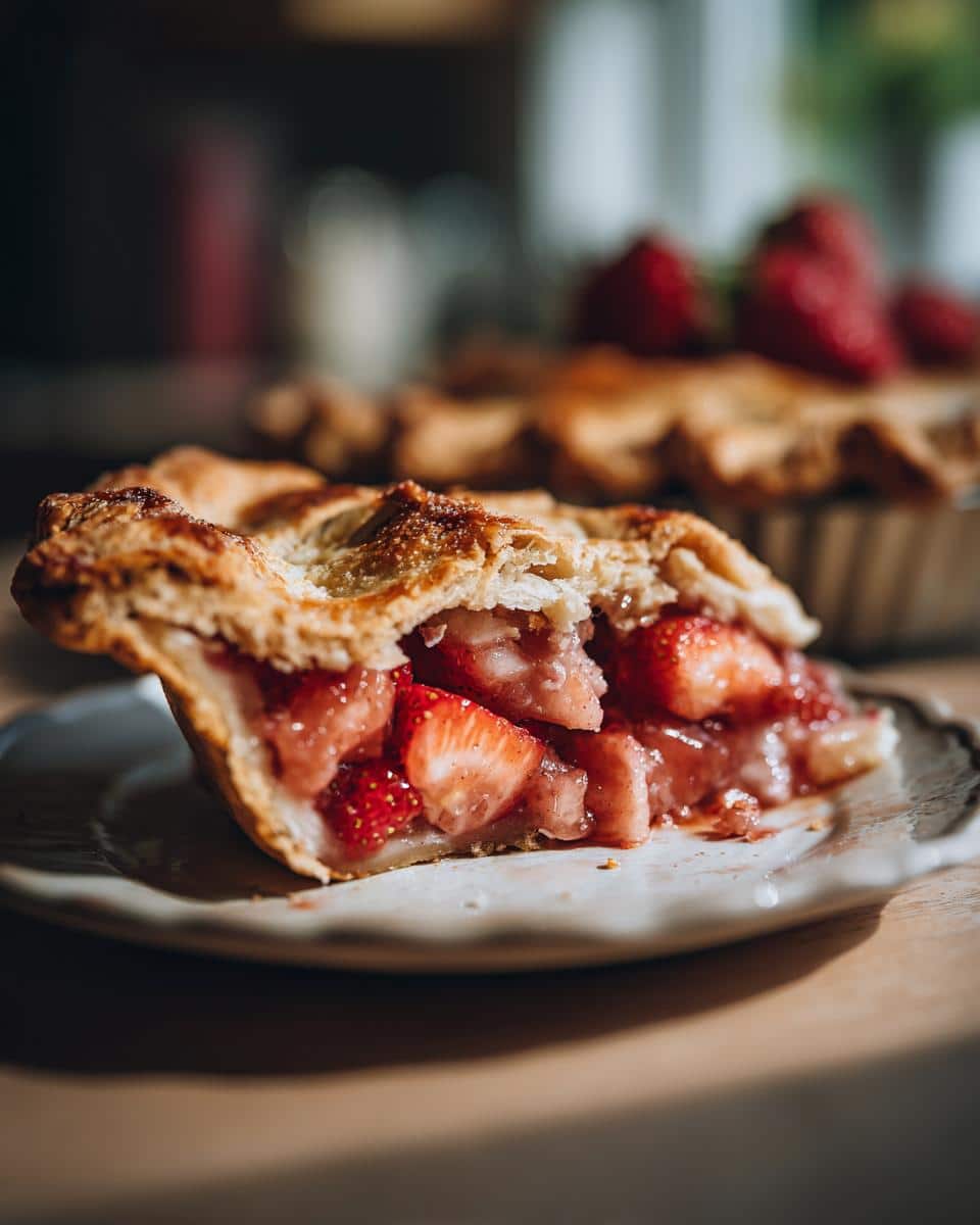 A slice of homemade strawberry and rhubarb pie with a flaky crust on a plate.