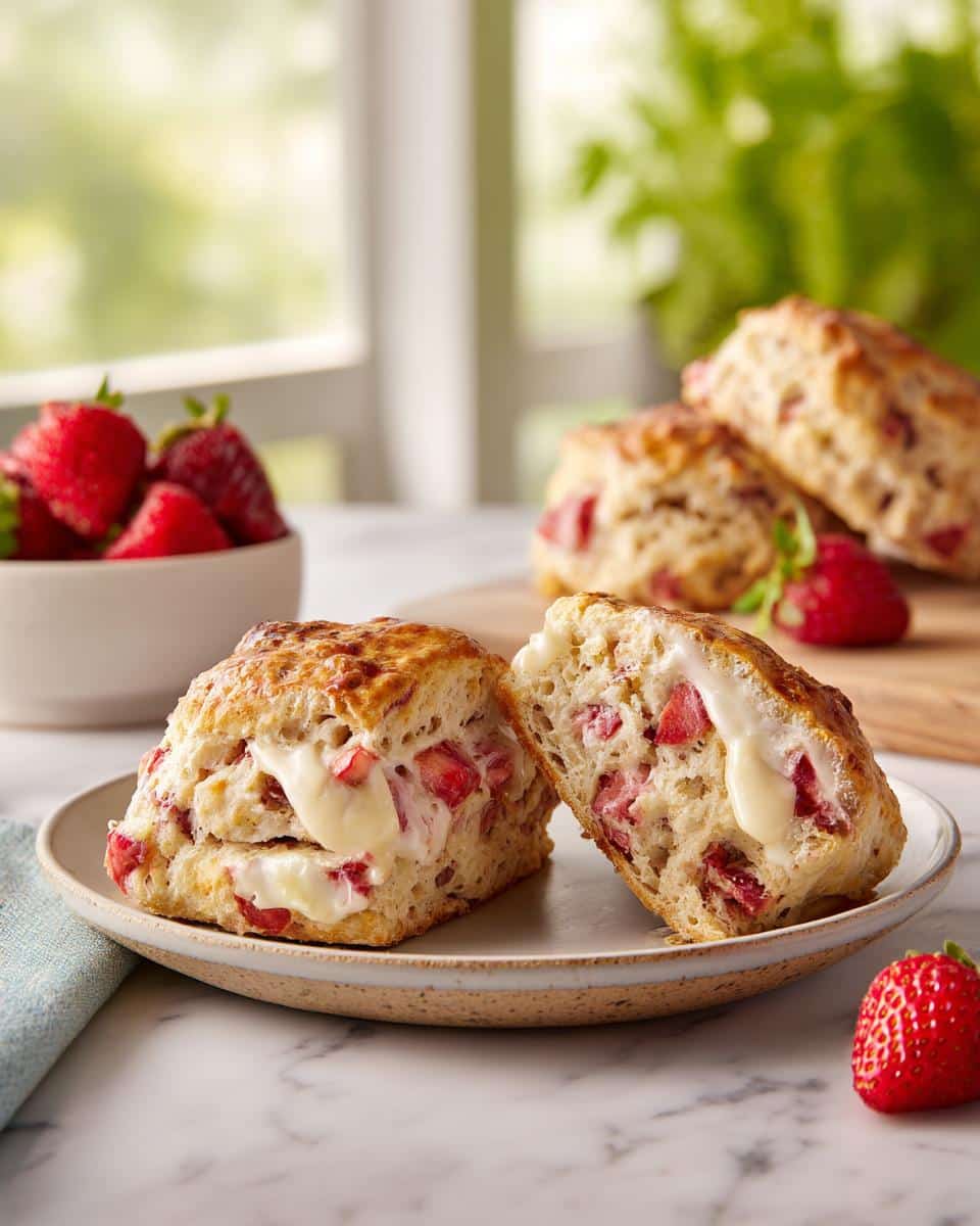 Two halves of a strawberry scone on a plate, filled with cream. More strawberry scones and fresh strawberries in the background.