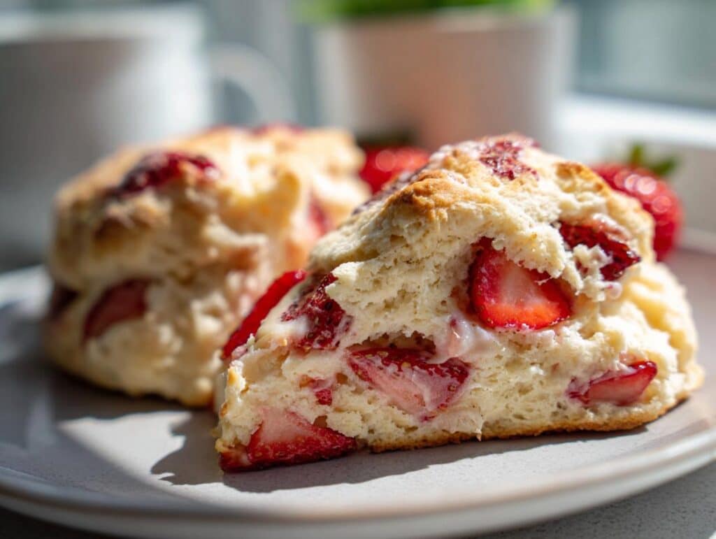 Close-up of sliced strawberry scones on a plate, showcasing the fresh strawberries inside the scone.