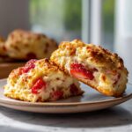 Two halves of a fresh strawberry scone on a plate, showcasing the juicy strawberries inside.