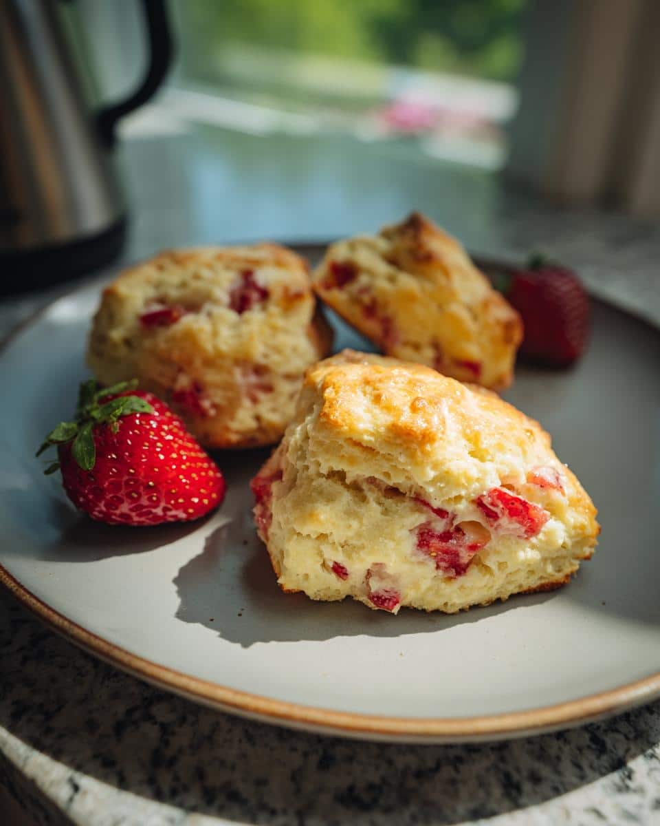 Three freshly baked strawberry scones on a plate, garnished with fresh strawberries. Ready to eat!