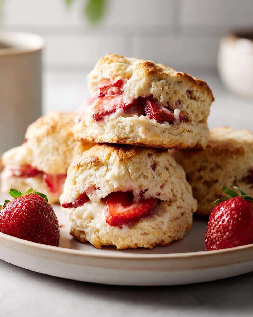 A stack of freshly baked strawberry scones filled with cream and sliced strawberries, served on a plate.