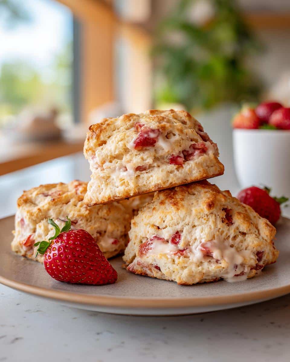 Three freshly baked strawberry scones stacked on a plate, garnished with a whole strawberry.