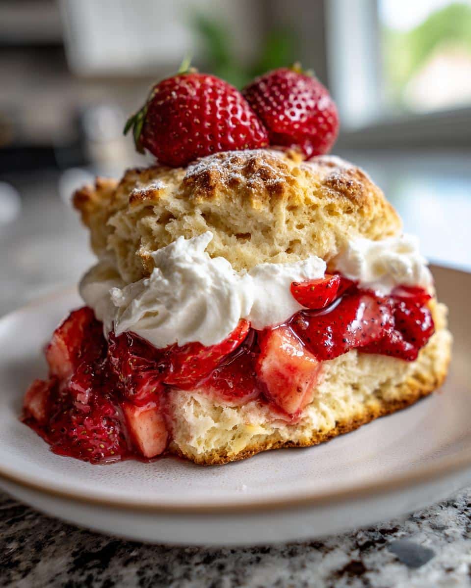 Close-up of a homemade strawberry shortcake with fresh strawberries, whipped cream, and a biscuit.