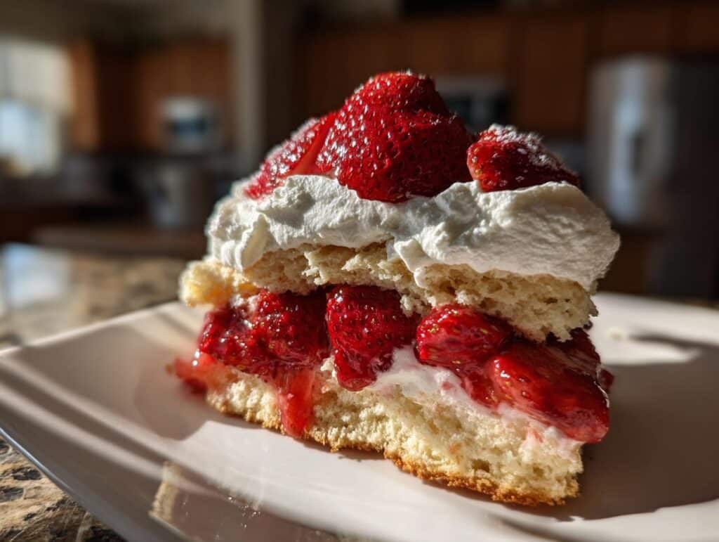 A delicious slice of strawberry shortcake with fresh strawberries and whipped cream on a white plate.