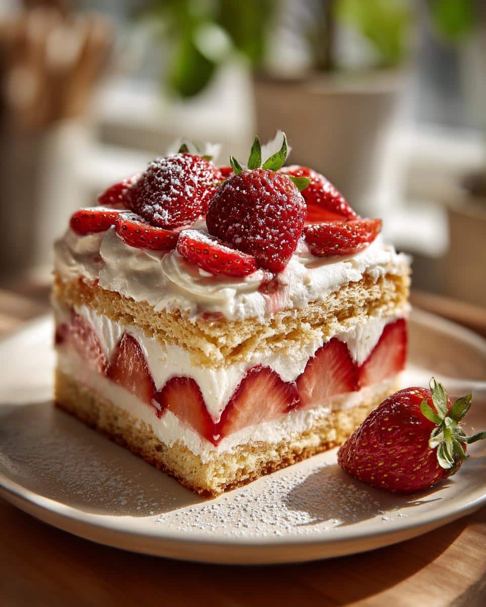 A slice of layered strawberry shortcake with whipped cream and fresh strawberries, dusted with powdered sugar.