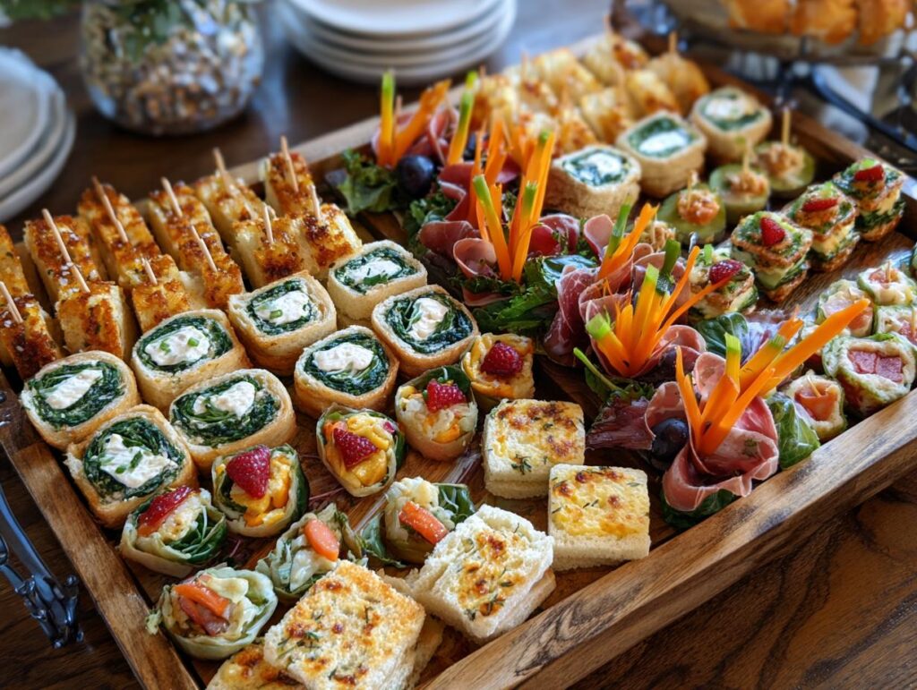 A wooden platter filled with assorted wedding shower food, including pinwheels, skewers, and mini quiches.