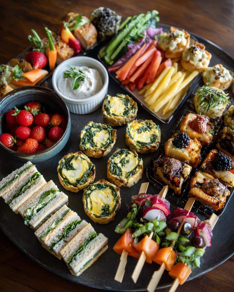 A beautiful platter of wedding shower food, including sandwiches, quiches, fruit, and vegetable skewers.