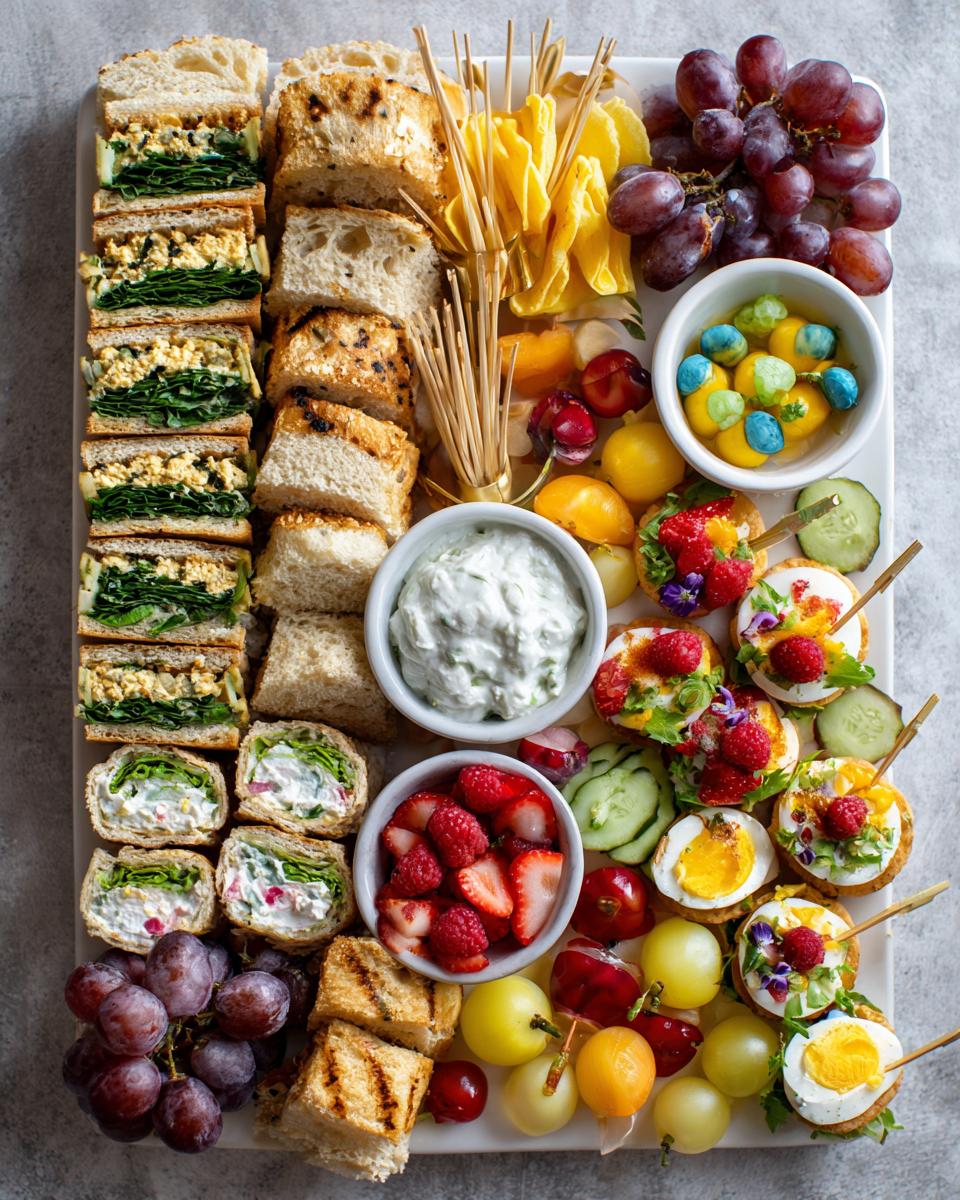 A colorful platter of wedding shower food including mini sandwiches, fruit, crackers, and dips.