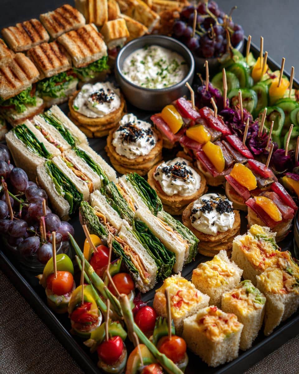 A beautiful platter of wedding shower food featuring assorted sandwiches, skewers, and appetizers.