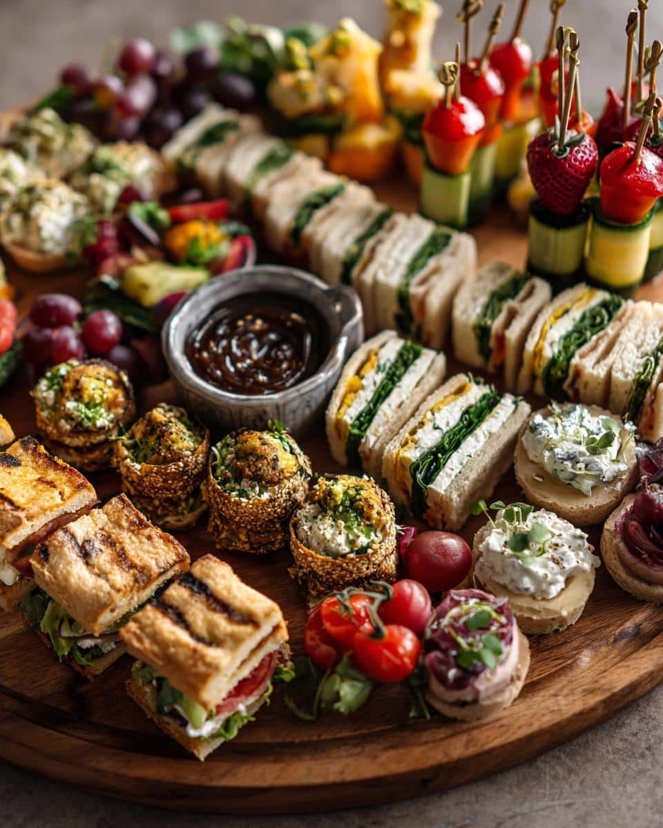 A wooden platter filled with assorted wedding shower food, including sandwiches, skewers, and appetizers.