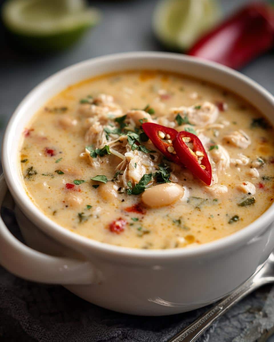 A bowl of creamy white chicken chili, garnished with fresh herbs and sliced red chili peppers.