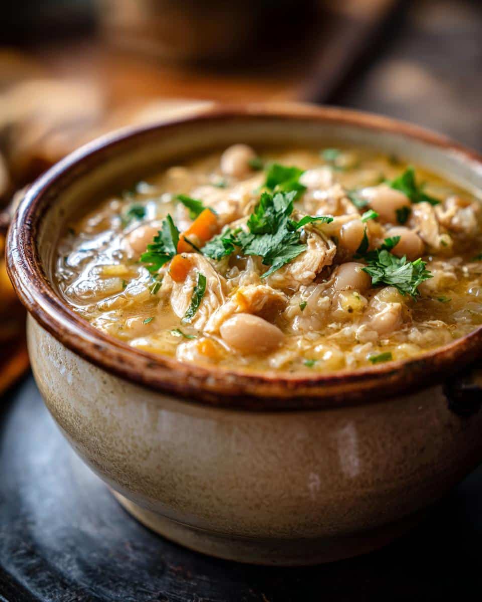 A rustic bowl filled with creamy white chicken chili, garnished with parsley and visible beans and chicken pieces.