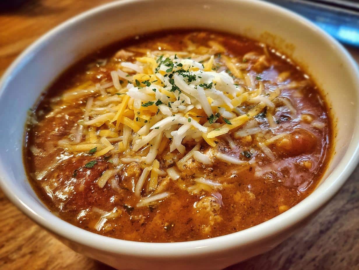 A bowl of hearty white chicken chili topped with shredded cheese and fresh parsley.