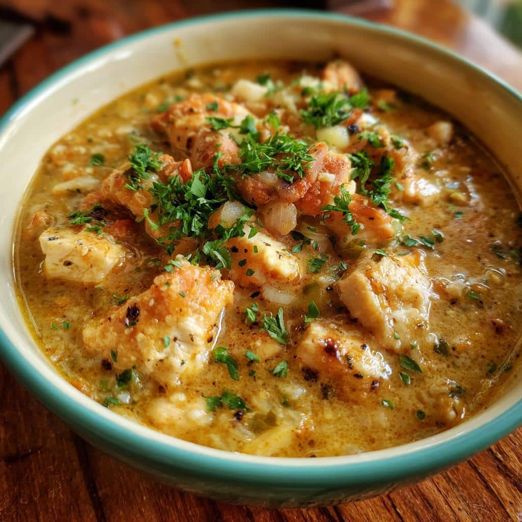 A bowl of creamy white chicken chili, garnished with fresh parsley and served on a wooden table.