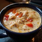 Close-up of creamy white chicken chili in a blue mug, topped with red peppers and herbs.