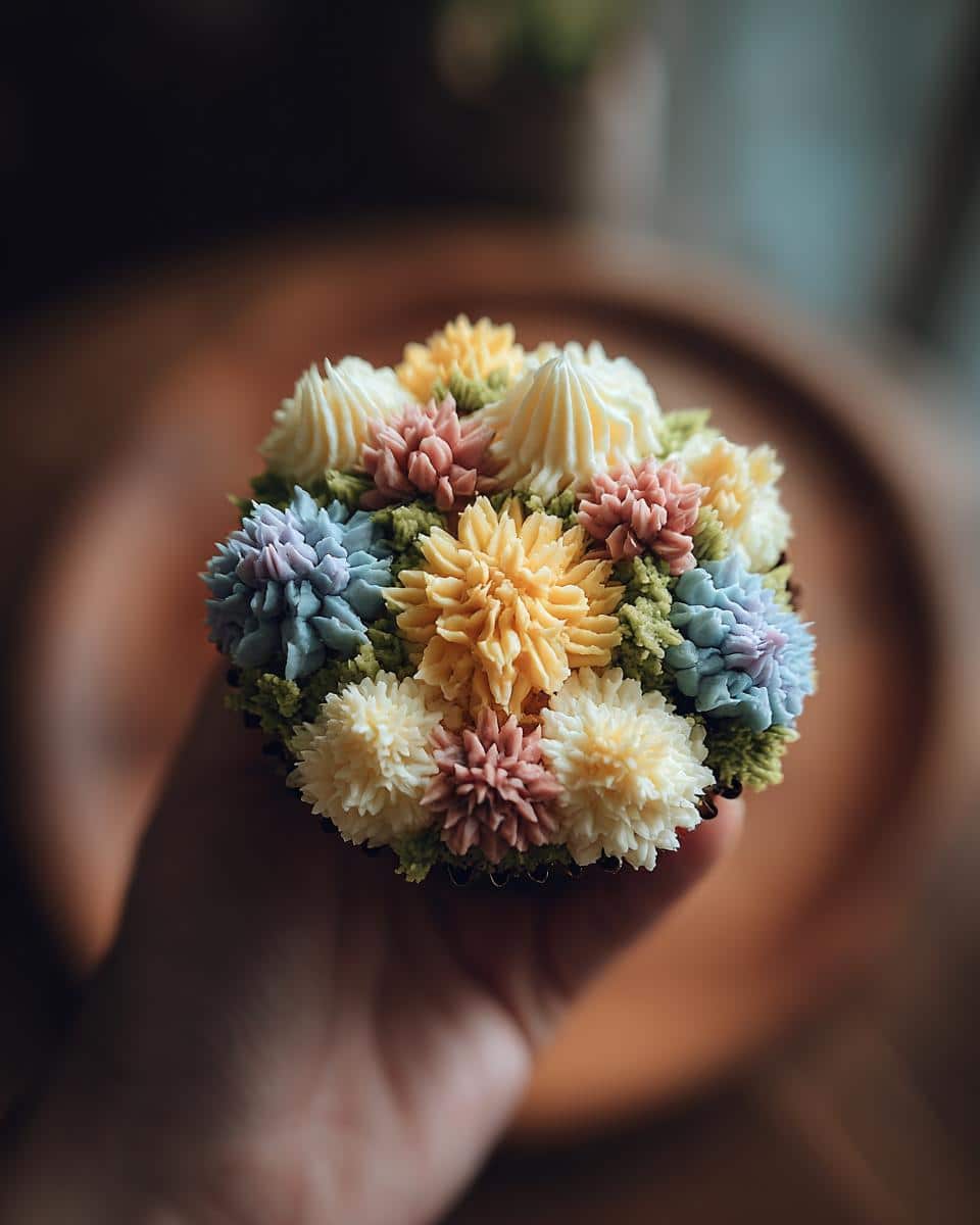 A hand holds a beautifully decorated wild flower cupcake with colorful buttercream frosting flowers.