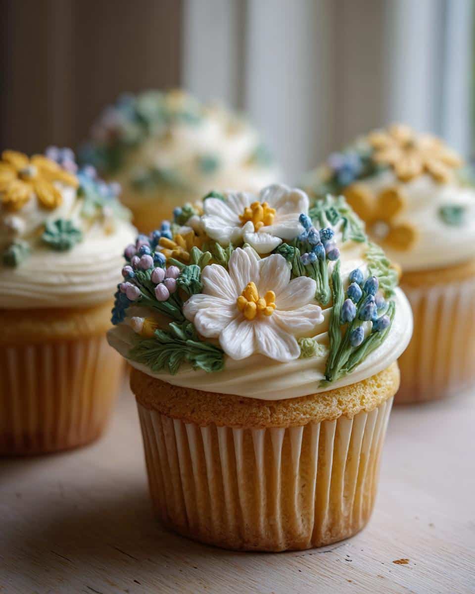 Close-up of wild flower cupcakes decorated with buttercream flowers in white, yellow, and blue.