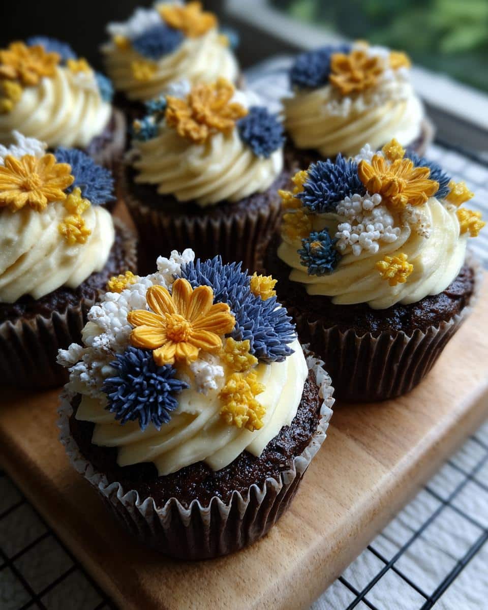 Close-up of wild flower cupcakes with buttercream frosting and decorative flower piping.