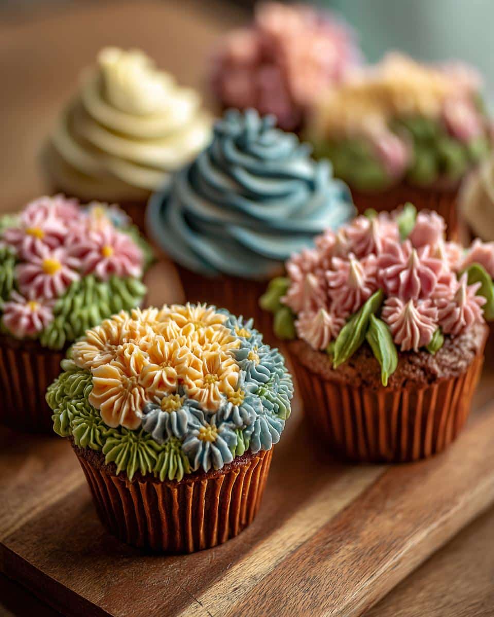 Assortment of beautifully decorated wild flower cupcakes with colorful frosting on a wooden board.