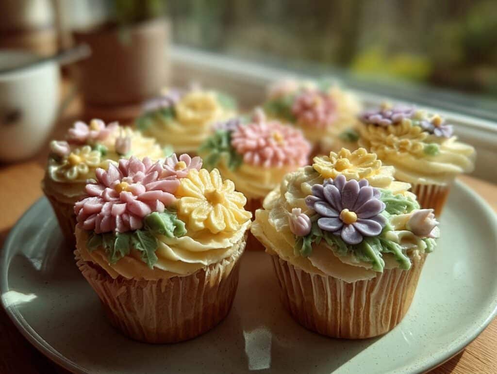 A plate of beautifully decorated wild flower cupcakes with buttercream frosting and colorful flower designs.