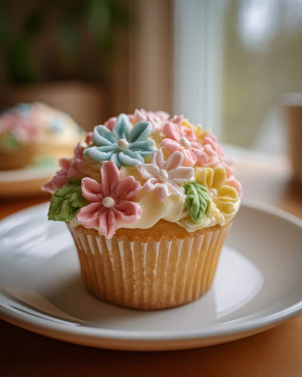 A single wildflower cupcake decorated with pastel-colored floral frosting on a white plate.