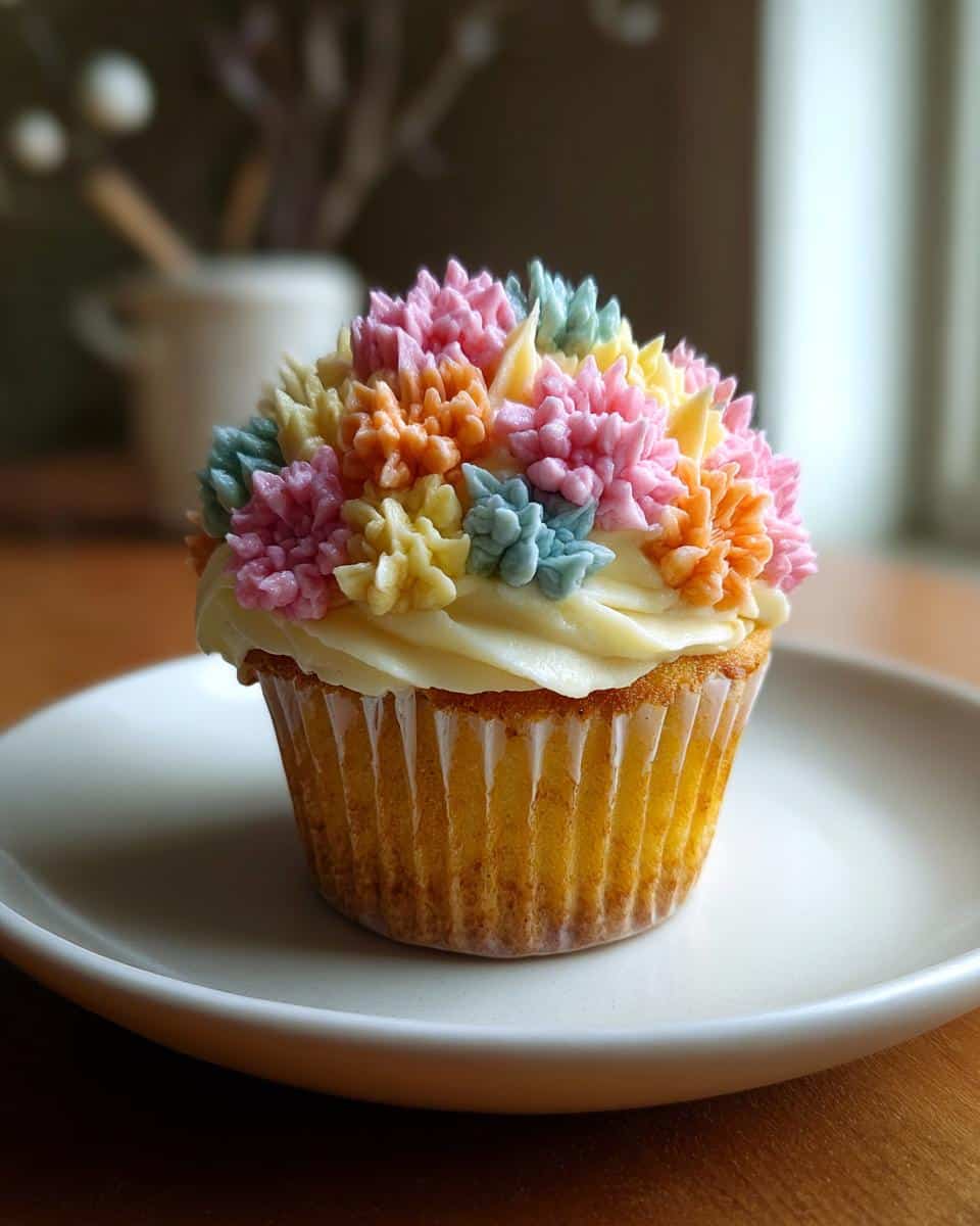 A single wildflower cupcake decorated with colorful floral frosting on a white plate.