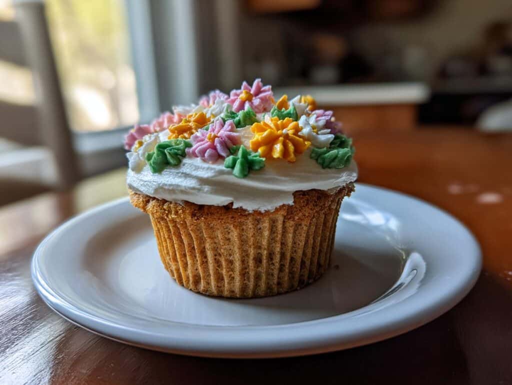 A single wildflower cupcake with white frosting and floral decorations on a white plate.