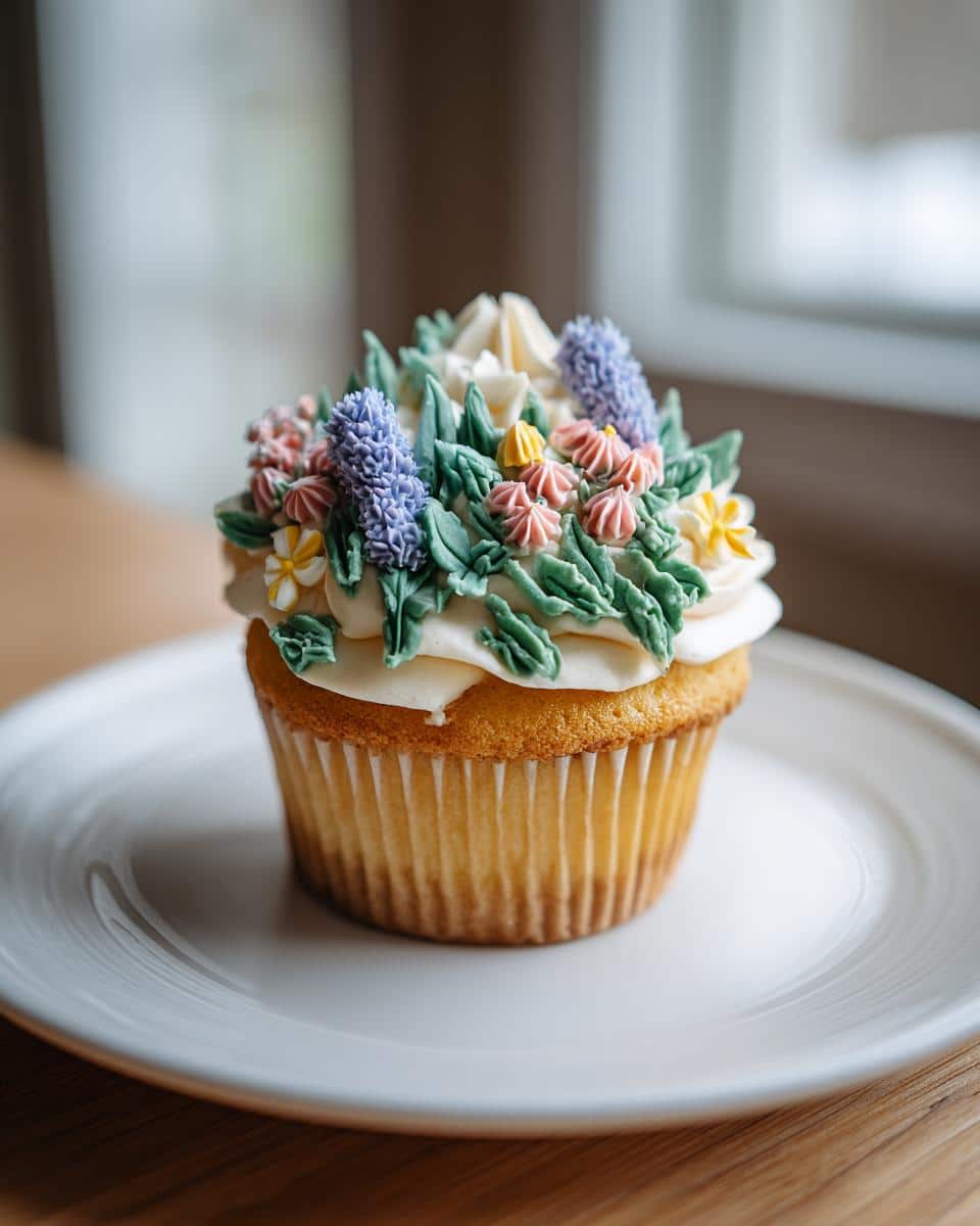 Close-up of a wildflower cupcake decorated with buttercream flowers and leaves on a white plate.