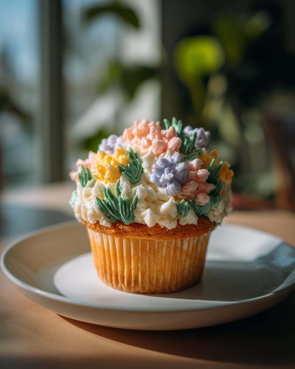 A single wildflower cupcake decorated with colorful frosting flowers and green leaves, sitting on a white plate.
