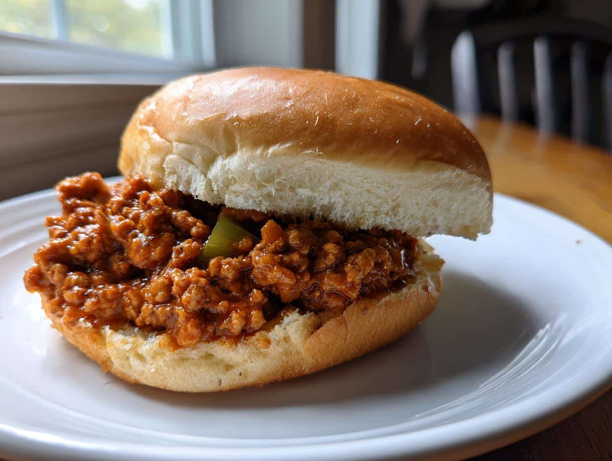 A delicious 30 minute healthy turkey sloppy joe with homemade sauce on a white plate, ready to eat.