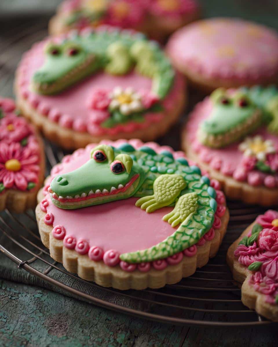 Close-up of alligator simple spring decorated cookies with pink frosting and flower accents on a wire rack.