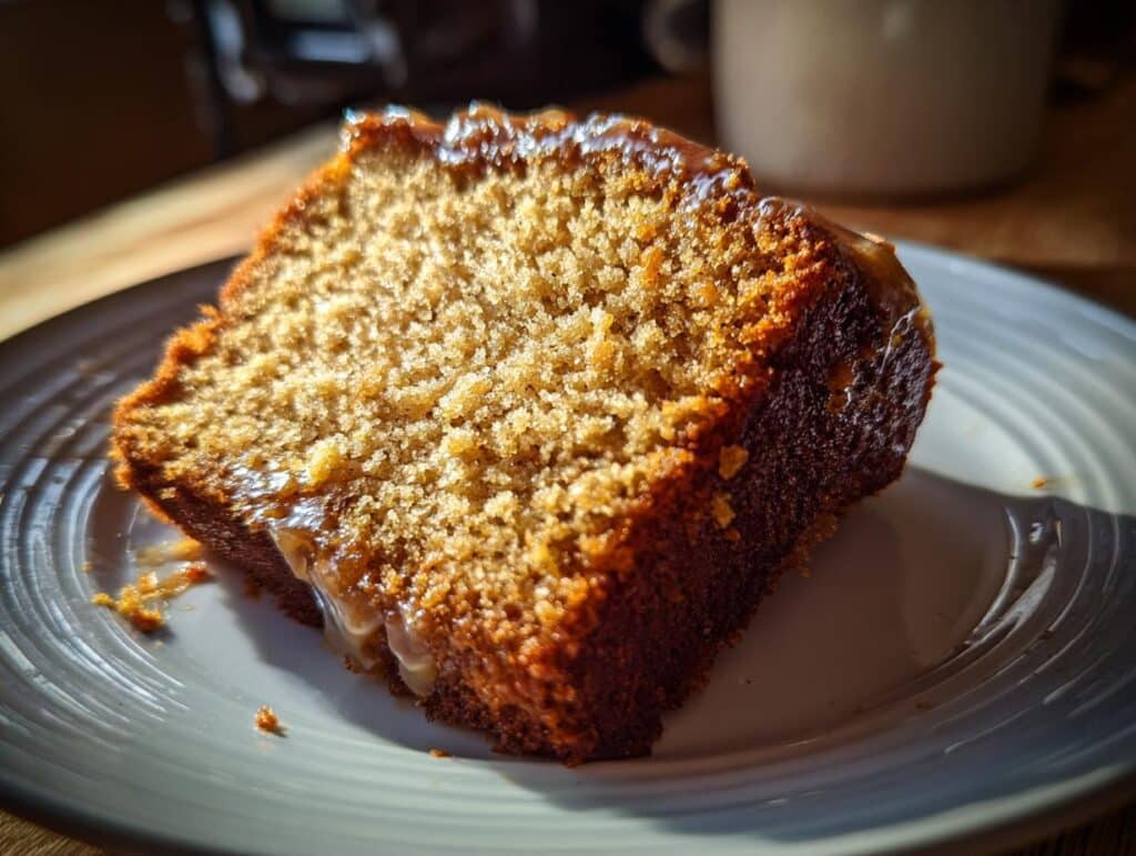 A slice of applesauce cake easy recipe with a glistening glaze on a plate, ready to eat.