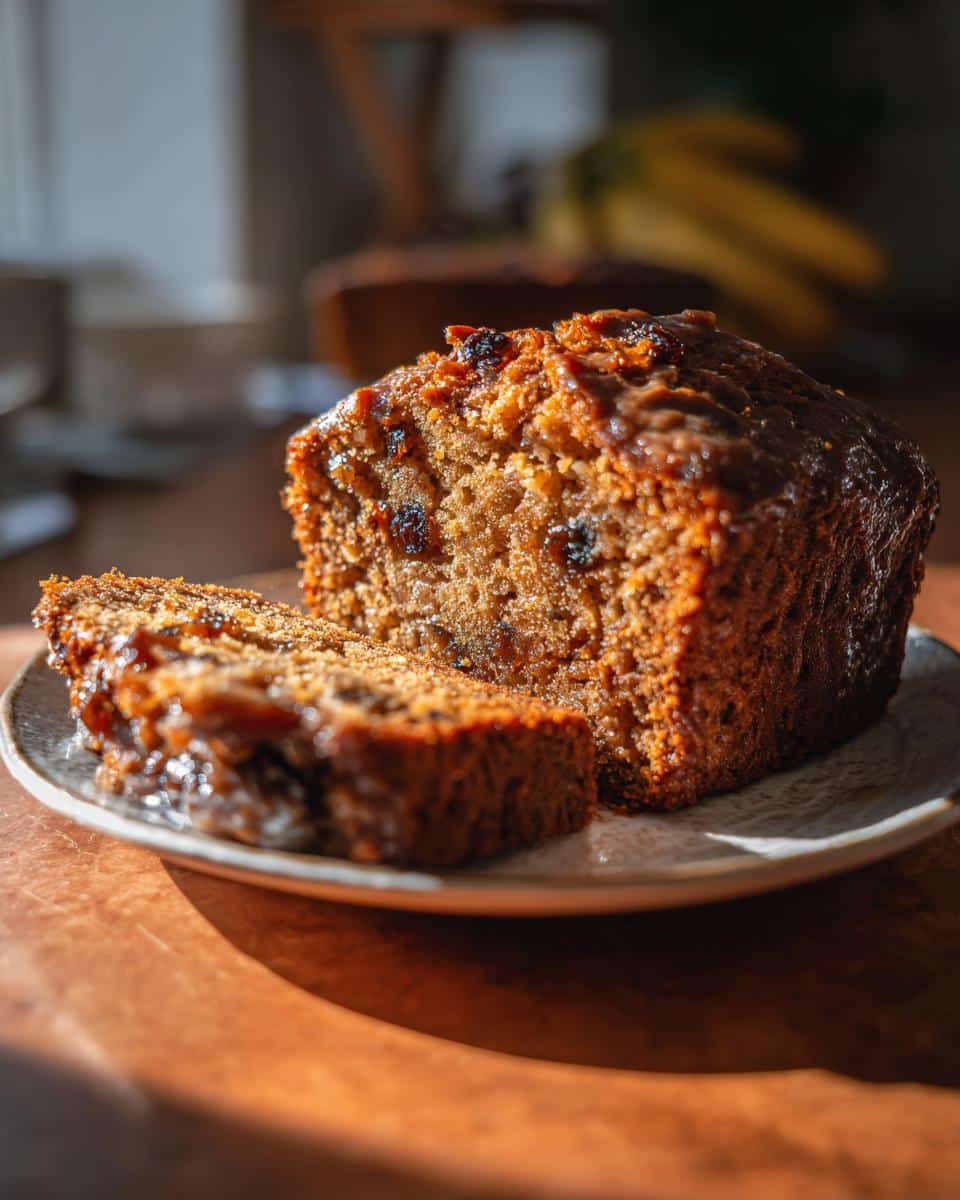 A sliced loaf of Grandma's Applesauce Cake Recipe Easy Apple Sauce on a plate, showcasing its moist texture and raisin filling.