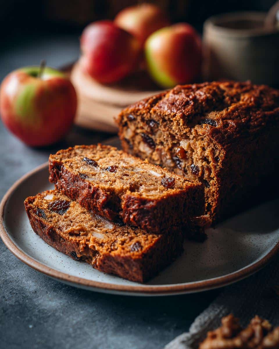 Slices of homemade applesauce cake recipe easy apple sauce with raisins and apples on a plate, with apples in the background.