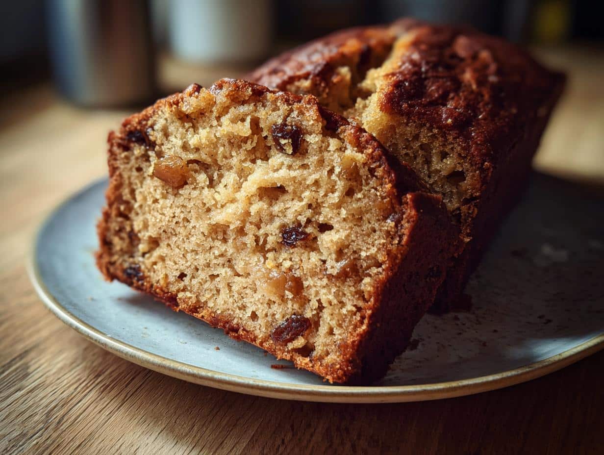A slice of moist applesauce cake recipe easy apple sauce with raisins, served on a plate.