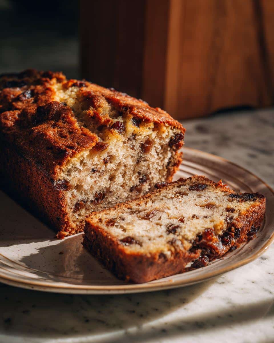A sliced loaf of applesauce cake recipe easy apple sauce on a plate, showcasing the moist texture and fruit.