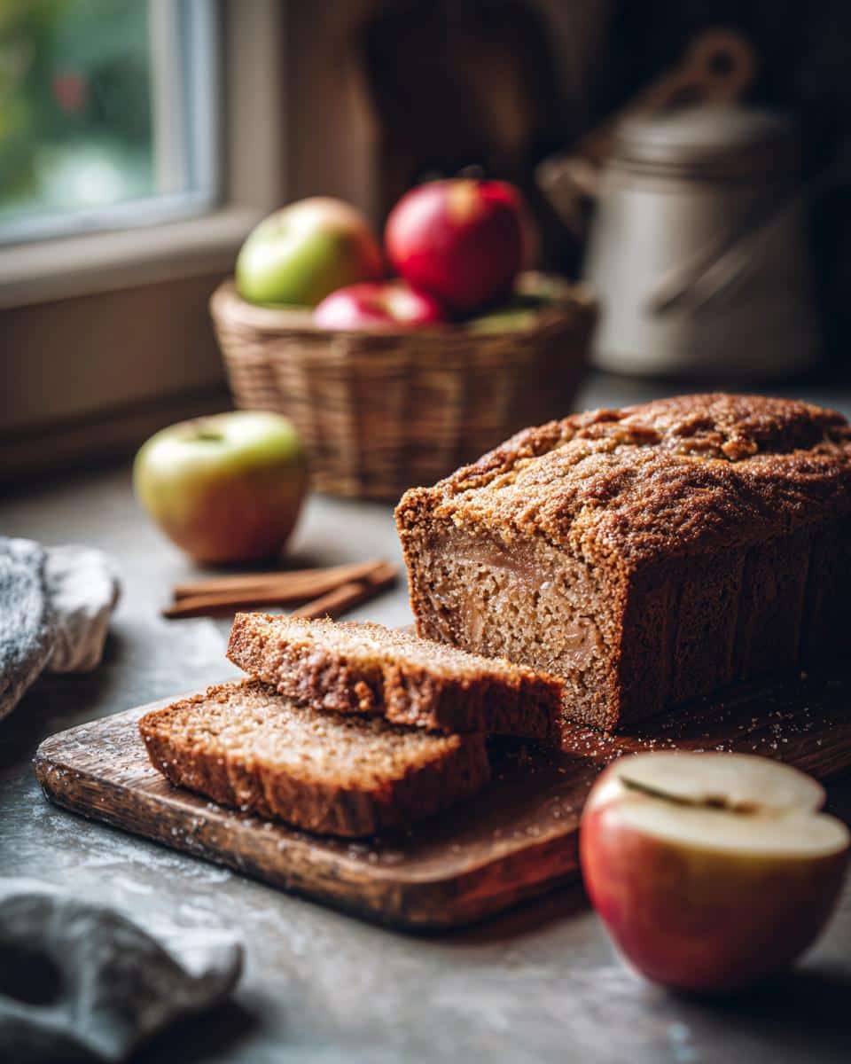 A loaf of easy applesauce cake recipe with two slices on a wooden board, apples, and cinnamon sticks.