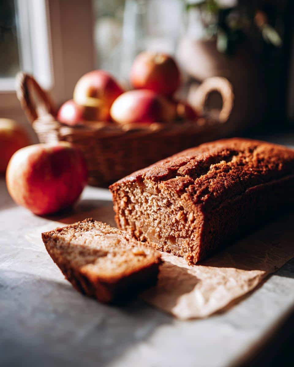 A loaf of easy applesauce cake recipe with a slice cut, next to fresh apples in a basket.
