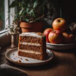 A slice of applesauce cake recipe easy with white frosting, apples, and a plant in the background.